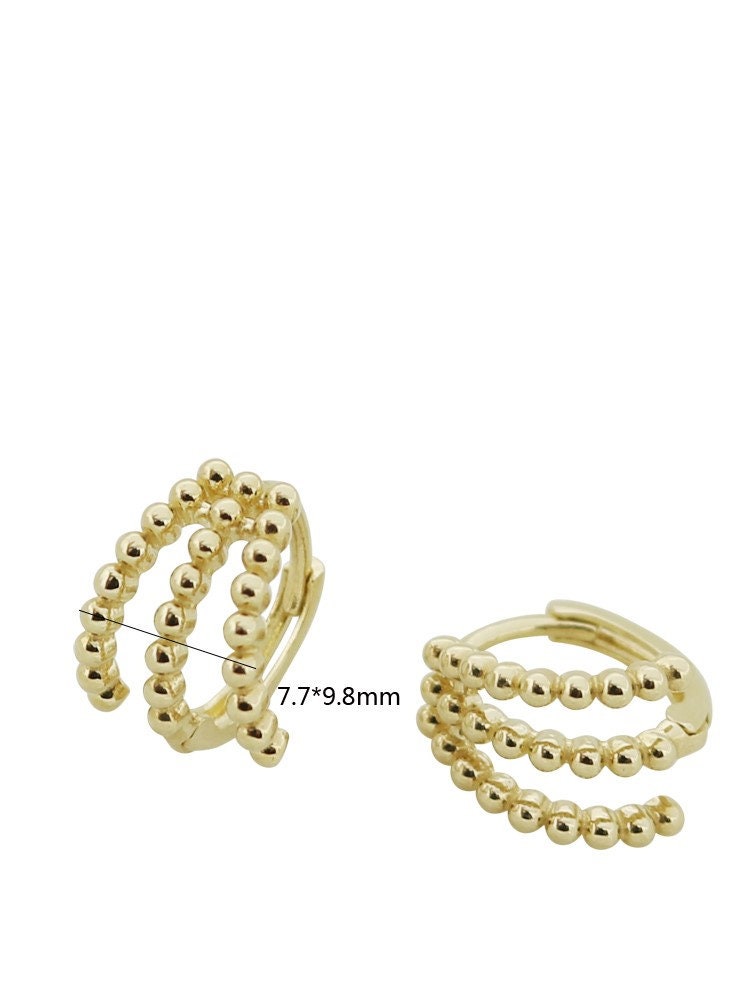 10k Solid Gold Triple Beaded Helix Hoop Earrings | Handcrafted Jewelry | Hypoallergenic | Unique Gift | Elegant and Versatile Design