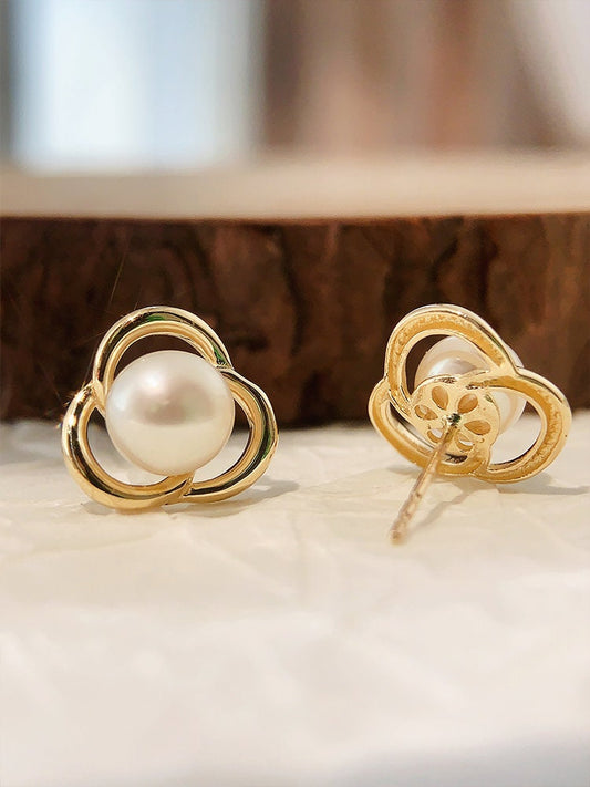 10k Solid Gold 7MM Mother of Pearl 3 Petals Flower Studs, Classic Ivory Pearl Earrings, Wedding Bridal Drop Earrings, Modern Floral Earrings