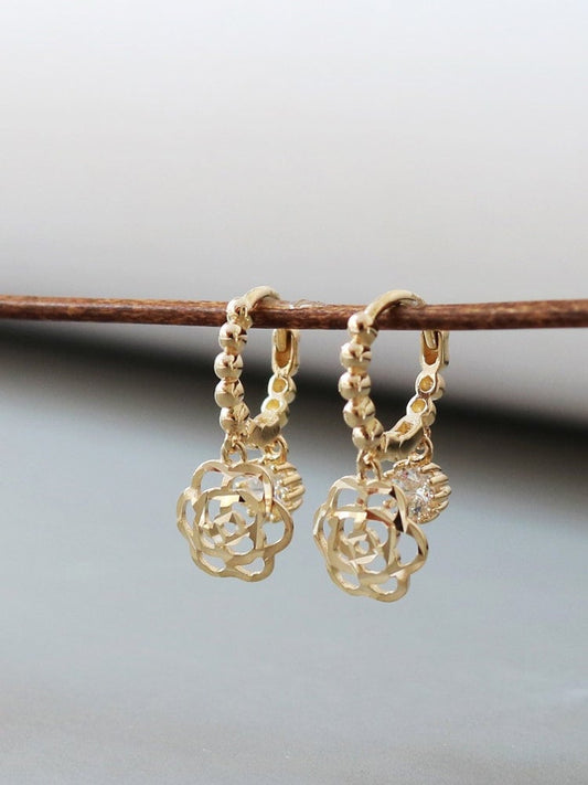 10k Solid Gold Camellia Flower Beaded Hoop Earrings For Women, Rose Hoop Dangle Earrings, Cutout Designs Floral Dainty Huggies Piercings