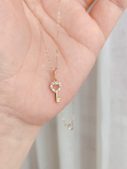 14k Solid Gold Romantic Heart Key Pendant Necklace | Handcrafted Jewelry | Hypoallergenic | Symbolic Gift | Unlock Love with Elegant Design