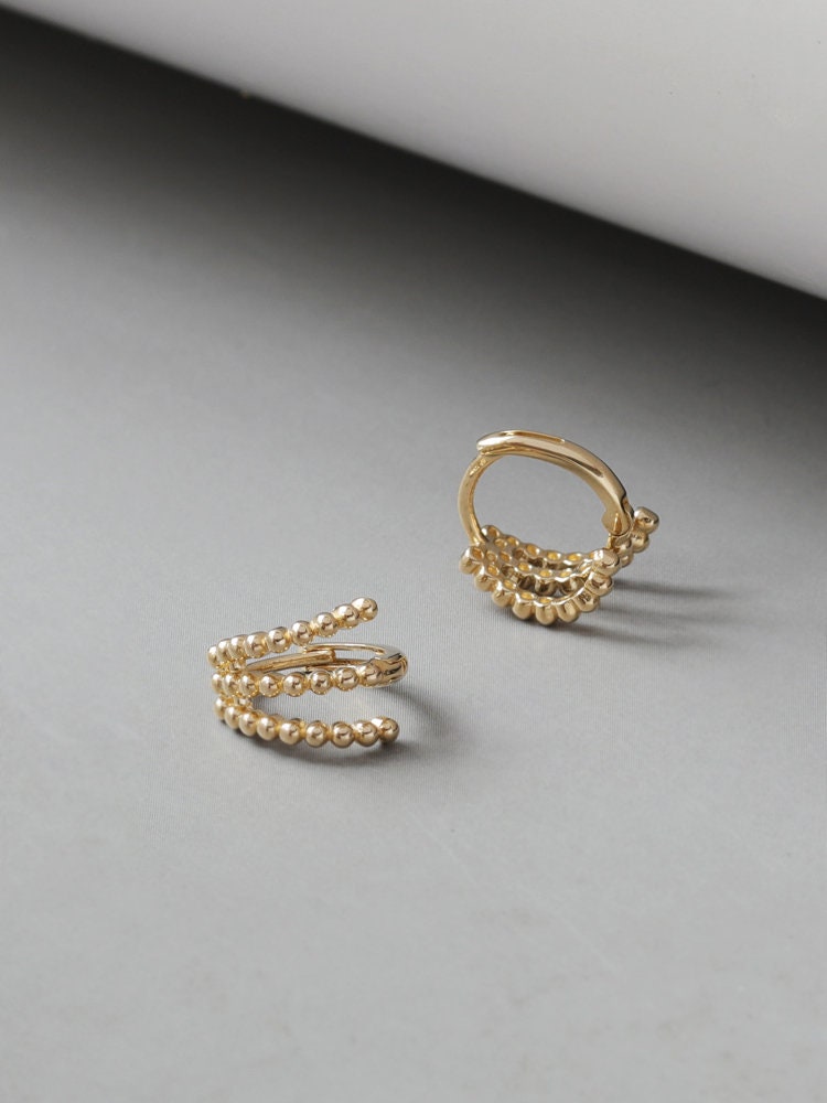 10k Solid Gold Triple Beaded Helix Hoop Earrings | Handcrafted Jewelry | Hypoallergenic | Unique Gift | Elegant and Versatile Design