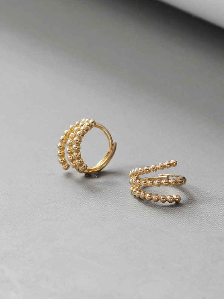 10k Solid Gold Triple Beaded Helix Hoop Earrings | Handcrafted Jewelry | Hypoallergenic | Unique Gift | Elegant and Versatile Design