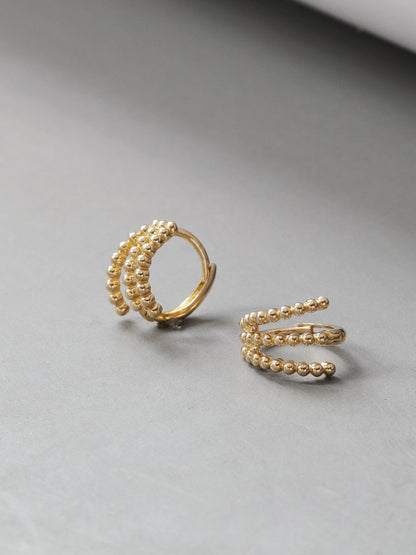 10k Solid Gold Triple Beaded Helix Hoop Earrings | Handcrafted Jewelry | Hypoallergenic | Unique Gift | Elegant and Versatile Design