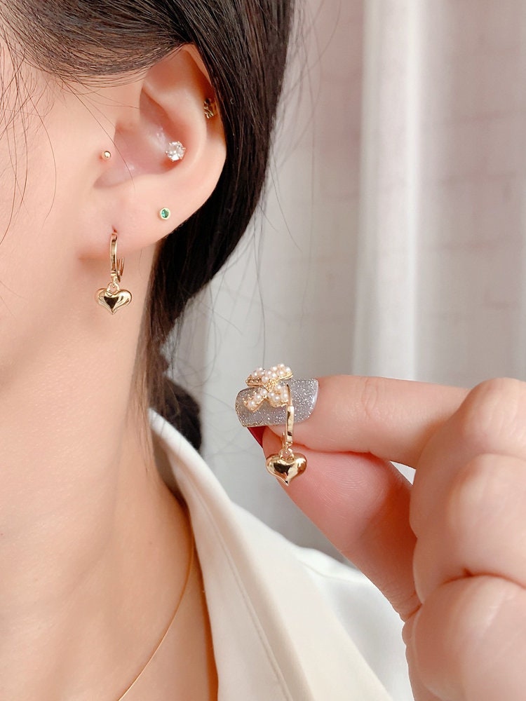 10ct Solid Gold Charming Mini Heart Drop Hoop Earrings | Handcrafted Jewelry | Hypoallergenic | Delicate Gift | Dainty and Romantic Design
