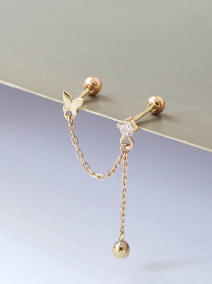 10k Gold Butterfly Double Piercing Cartilage Studs, Screw Back Threader Closure, Dangle Drop Style, Lobe Helix Connecting Chain Earrings