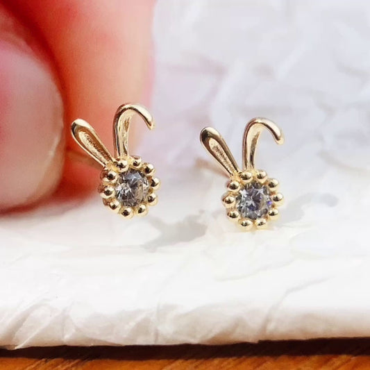 10k Solid Gold Cute Bunny Stud Earrings, Hypoallergic, Children's Small Earrings For Little Girls, Cz Diamond Mini Earrings, Tiny Studs
