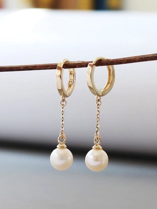 10k Solid Gold 6MM Mother of Pearl Hoop Earrings, Classic Ivory Natural Pearl Earrings, Wedding Bridal Drop Earrings, Modern Dangle Earrings