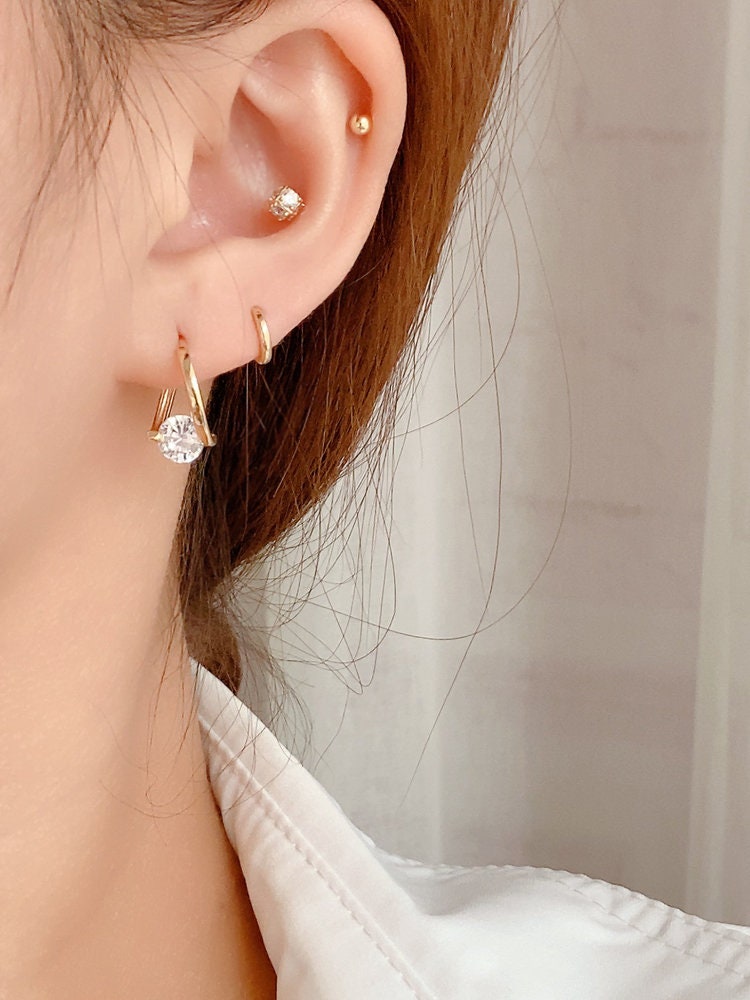 10k Solid Gold Twisted Cz Diamond Hoop Earrings, Stackable Earrings, Geometric Hoop Earrings, Minimalist Huggie Piercing, Hypoallergenic