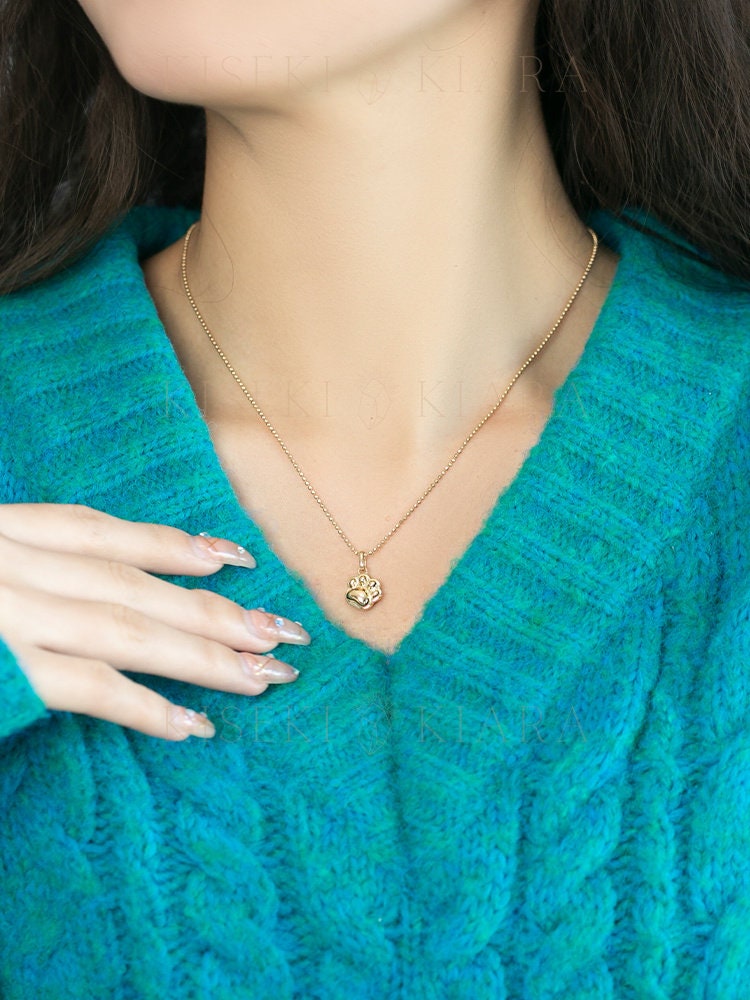 14k Solid Gold Cute Paw Print Pendant, Adorable Pet Dog Paw Charm Pendant, Personalized Cat Paw Necklace, Animal Paw Pendant For Pet Lovers