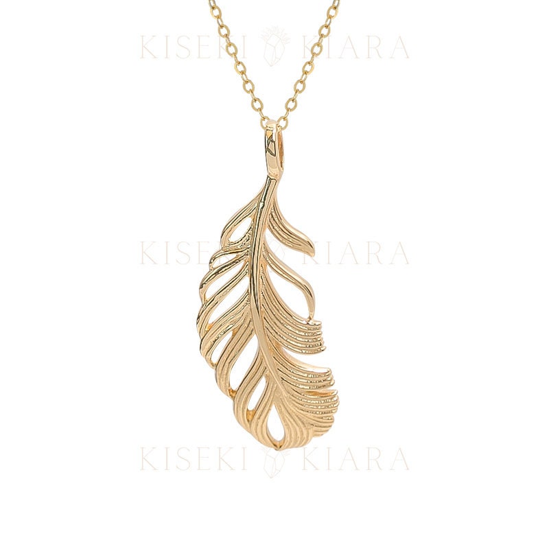 14k Solid Gold Angel Feather Pendant, Chic Leaf Pendant, Feathered Wing Necklace, Botanical Leaf Necklace, Spiritual Protection Necklace