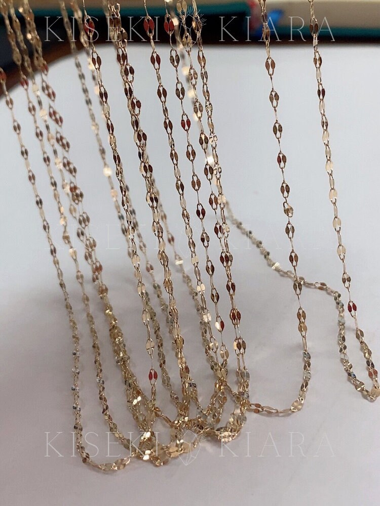 14K Gold Sparkle Diamond Cut Chain, Elegant Solid Gold Sparkle Flat Link Chain Gold Necklace, Twisted Sparkle Minimalist Necklace Chain