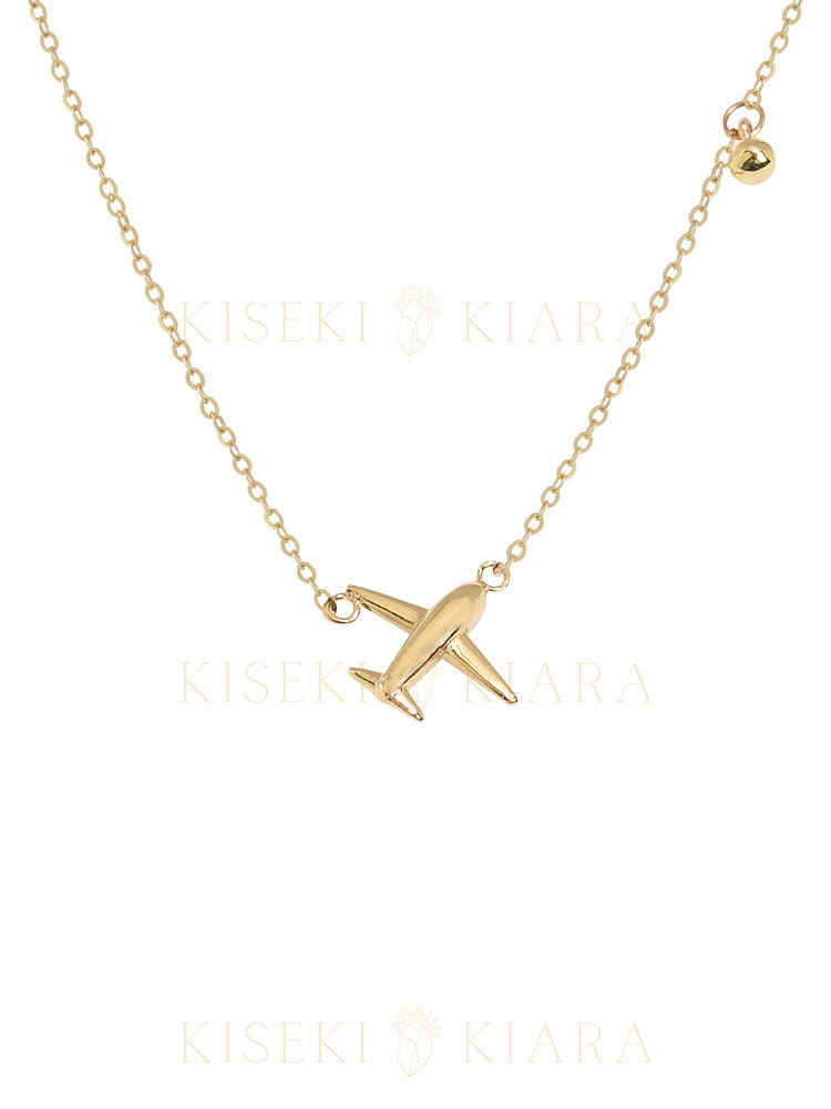 14k Solid Gold Plane Sideways Necklace, Airplane Charm Necklace, Dainty Aircraft Pendant, Paper Aeroplane Necklace, Layered Choker Necklace