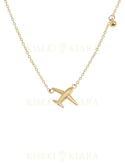 14k Solid Gold Plane Sideways Necklace, Airplane Charm Necklace, Dainty Aircraft Pendant, Paper Aeroplane Necklace, Layered Choker Necklace