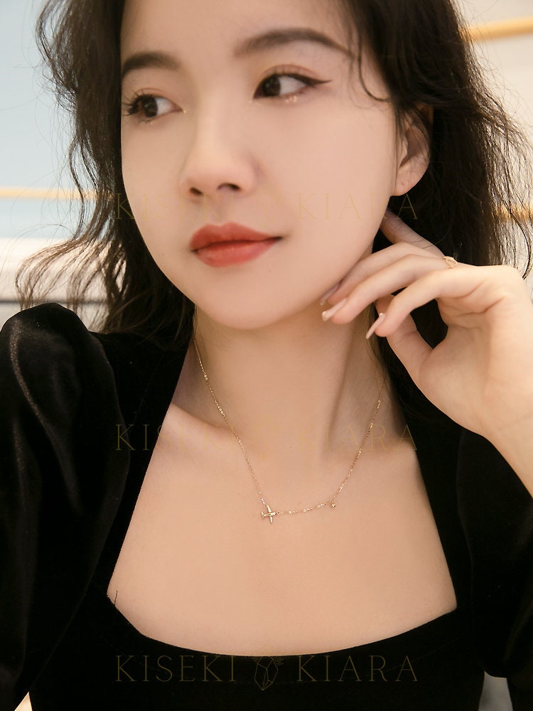 14k Solid Gold Plane Sideways Necklace, Airplane Charm Necklace, Dainty Aircraft Pendant, Paper Aeroplane Necklace, Layered Choker Necklace