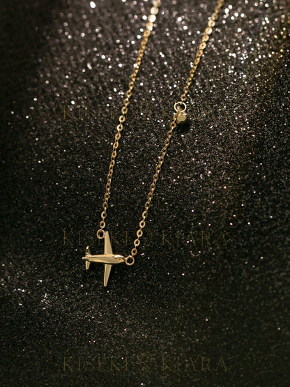 14k Solid Gold Plane Sideways Necklace, Airplane Charm Necklace, Dainty Aircraft Pendant, Paper Aeroplane Necklace, Layered Choker Necklace