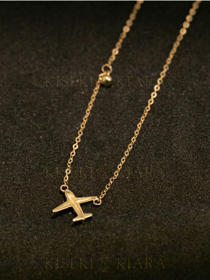 14k Solid Gold Plane Sideways Necklace, Airplane Charm Necklace, Dainty Aircraft Pendant, Paper Aeroplane Necklace, Layered Choker Necklace