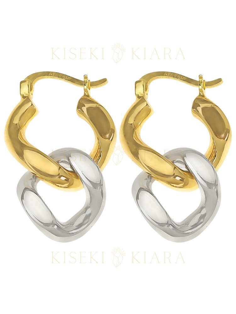 18k White And Yellow Gold Cuban Chain Link Drop Earrings, Modern Chain Dangle Earrings, Chic Link Drop Earrings, Edgy Chain Drop Dangles