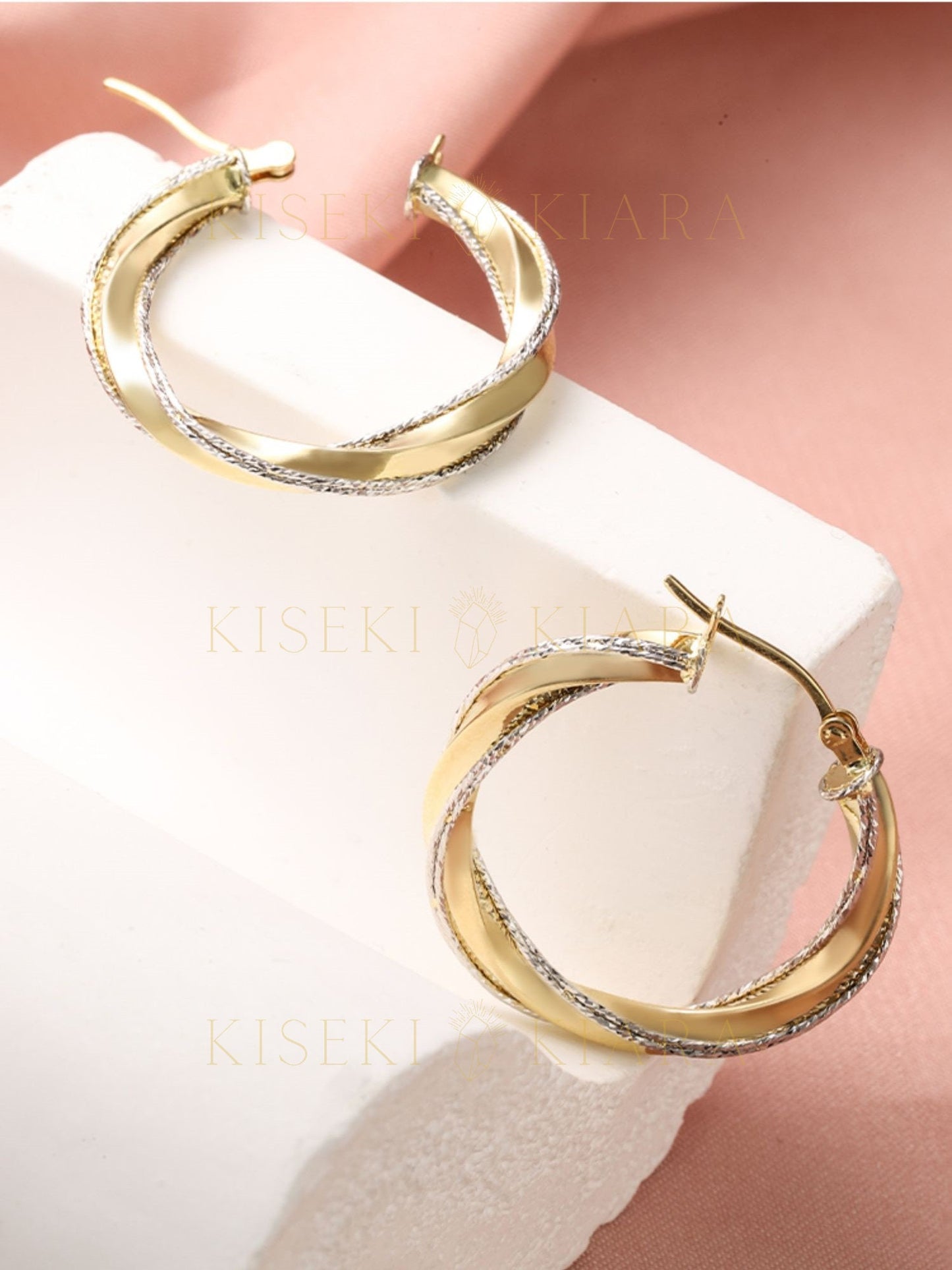 18k Two Color Twisted Hoop Earrings, Dazzling Spiral Hoop Earrings, Glamorous Solid Gold Hoops, Shimmering Earrings, Glistening Earrings