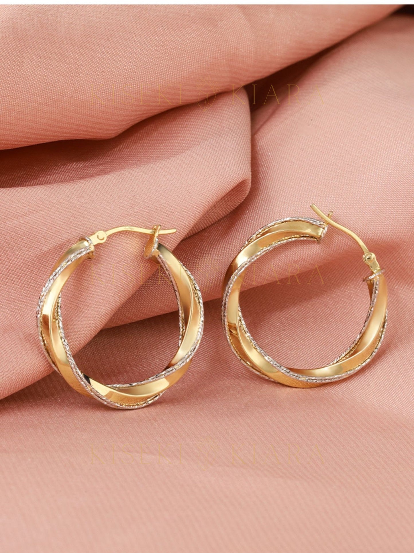 18k Two Color Twisted Hoop Earrings, Dazzling Spiral Hoop Earrings, Glamorous Solid Gold Hoops, Shimmering Earrings, Glistening Earrings