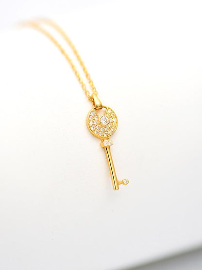 14k Solid Gold Classic Key Necklace For Women, Vintage Key Pendant Necklace, Antique Style Key Charm Necklace, Key To My Heart Pendant