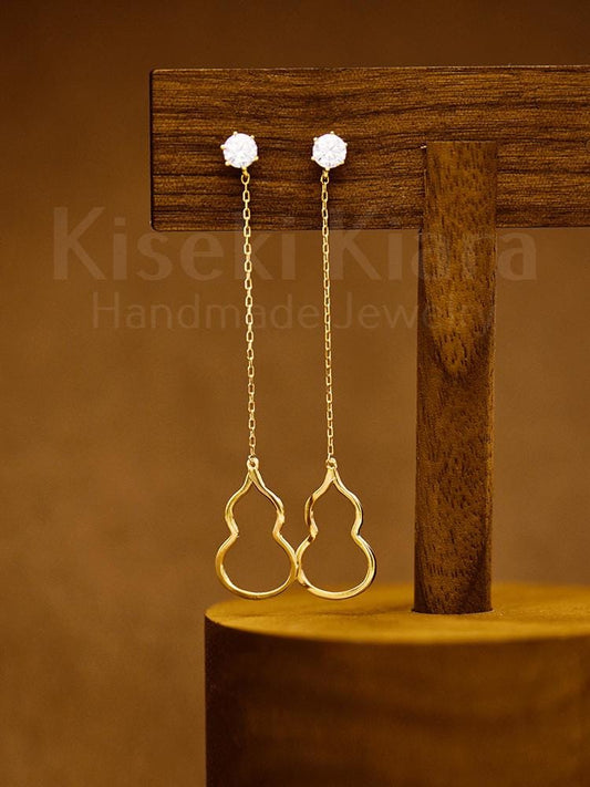 10k Solid Gold Calabash Drop Chain Earrings, Hulu Charm Dangle Earrings, Chinese Gourd Symbol of Wealth, Prosperity Hulu Everyday Earrings